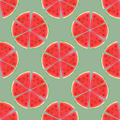 Hand drawn watercolor watermelon slices seamless pattern isolated on grey background. Can be used for textile, fabric, scrapbook and other printed products.