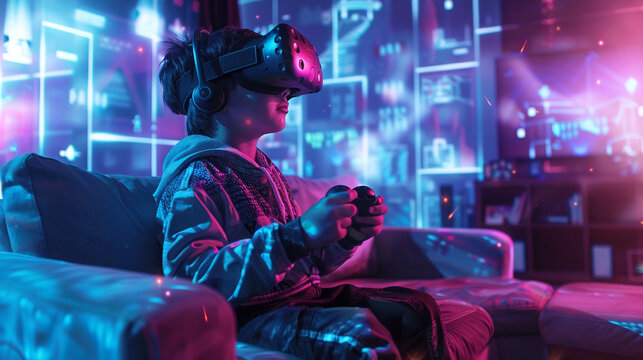 A boy sits on a sofa holding a VR controller playing a lively Virtual Reality game. With holographic interface.