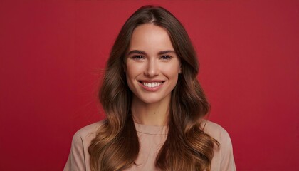 Fototapeta premium Woman with long brown hair is smiling and looking at the camera isolated on red background