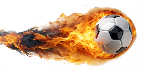 Soccer ball flying on fire isolated on white background. PNG AI GENERATED