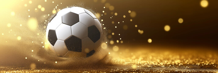 Soccer ball on golden background with dust and bokeh lights banner