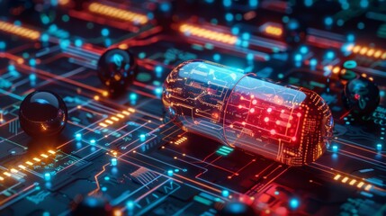 Futuristic capsule with digital circuitry embedded, highlighting intersection pharmacology digital technology, advancements in drug development integration molecular models with high-tech data.