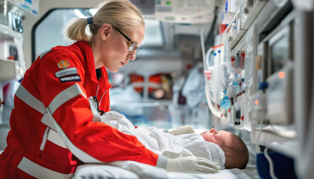 Young woman in bright orange uniform works as neonatal paramedic. Small baby near her, photo from inside ambulance van. Generative AI