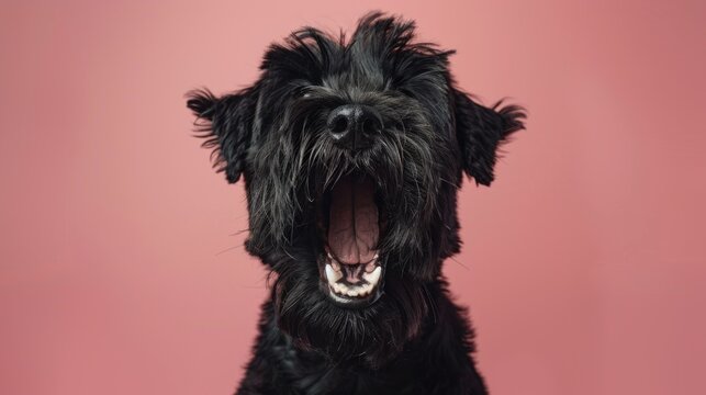 Black Russian Terrier, angry dog baring its teeth, studio lighting pastel background