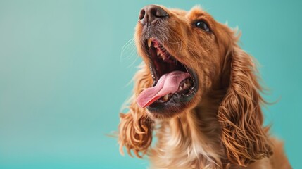 Cocker Spaniel, angry dog baring its teeth, studio lighting pastel background