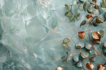 Elegant Sage Green Marble Background with Copper Leaves and Botanical Plants for Designs
