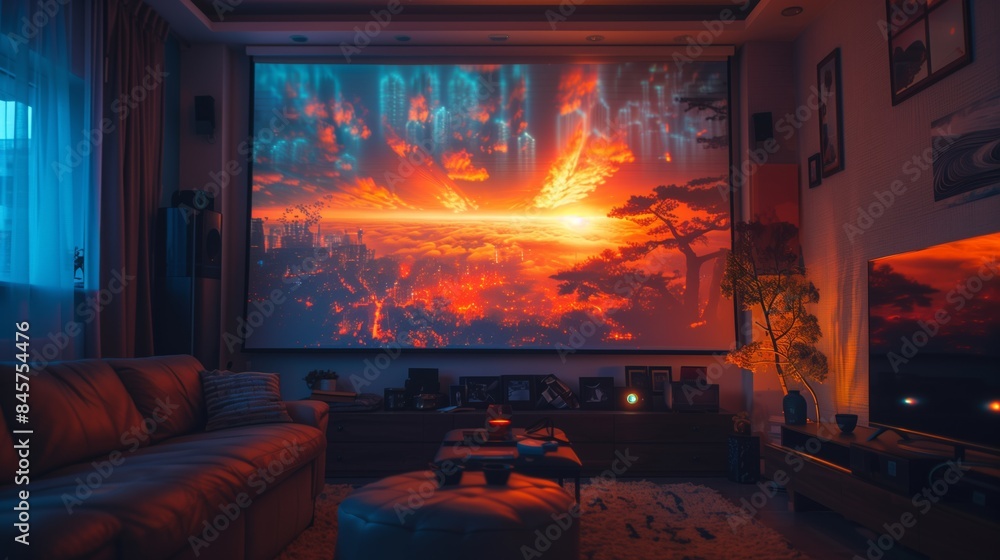 Poster a home theater with a large projector screen displaying a vibrant sunset landscape, creating a cozy 