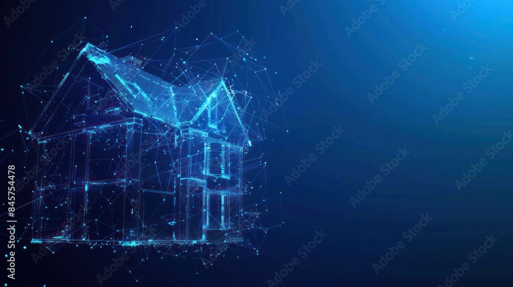 Poster an abstract polygonal light design of a house building symbolizes business in a low poly wireframe m