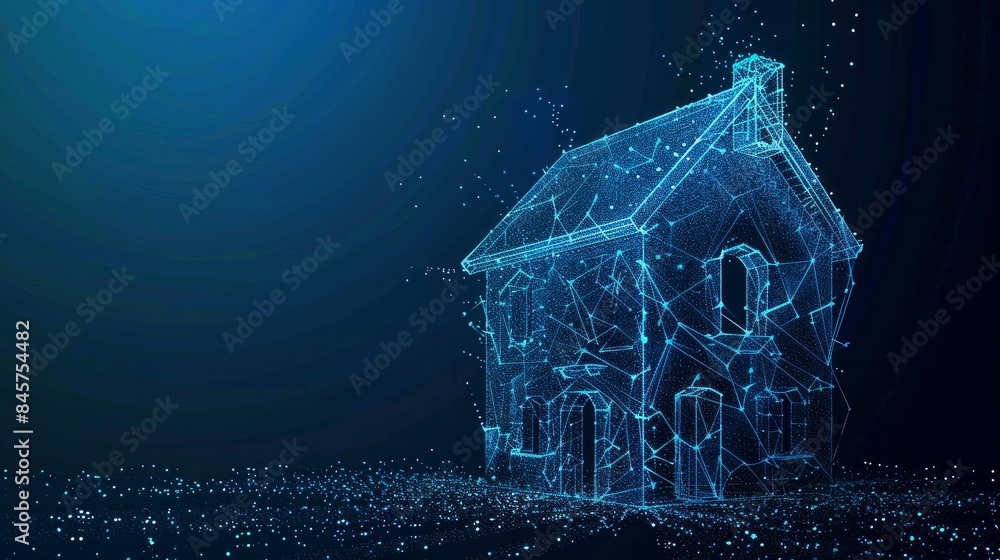 Poster an abstract polygonal light design of a house building symbolizes business in a low poly wireframe m