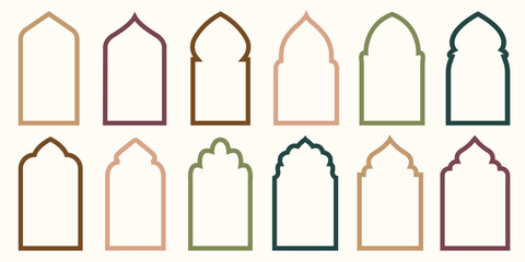 Set of vector Islamic door and window shapes. Arabic door and window vector silhouette. Arabic arch. Mosque gate. Islamic arabesque pattern. Arabian Muslim shape