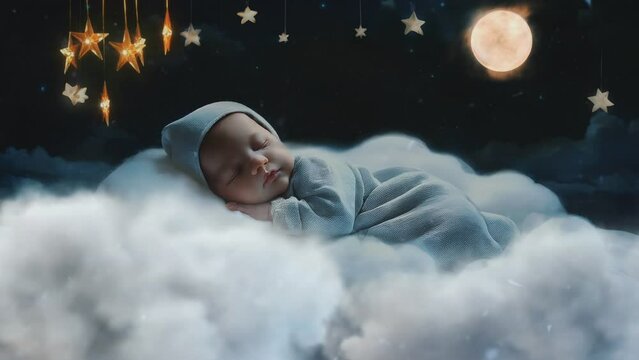  Cute baby sleep at night on cloud with stars, for live wallpaper, video HD