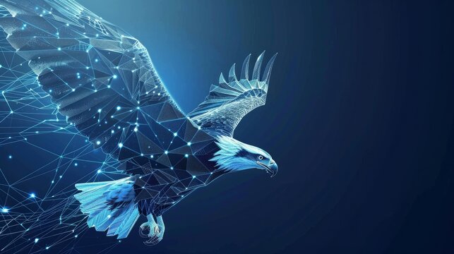 An eagle in flight is portrayed from abstract polygonal points in blue illustrating a low poly eagle in motion formed by lines and connected shapes crafted as a vector illustration