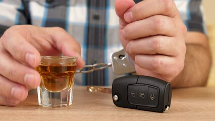 A man in handcuffs drinks a glass of alcohol and takes the car keys. The concept of driving under the influence of alcohol. Slow motion