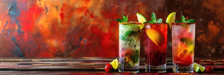 horizontal banner, celebration of Portugal day, glasses of citrus cocktail, fruit alcoholic cocktail with ice, lam, lemon and mint, oil paint background, copy space for text
