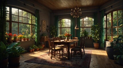 Fototapeta premium Vintage interior surrounded by flowers