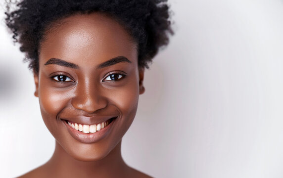 Attractive Black Woman smooth clear skin model smileing with perfect white teeth