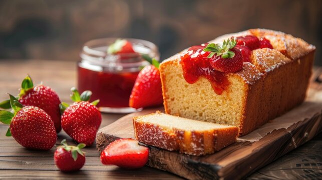 Pound cake served with freshly made strawberry jam accompanied by strawberries placed on a wooden surface
