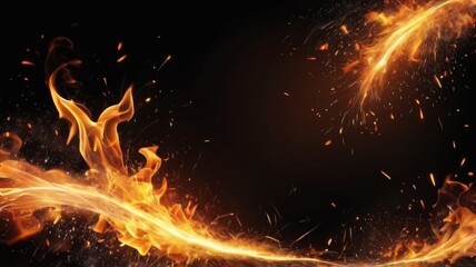 Aesthetic flame background, orange border realistic fire image. Detail of fire sparks isolated on black background