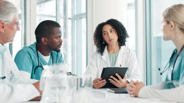 Team, doctors and tablet for meeting in office, nurses and medical app for healthcare. People, research and teamwork for patient diagnosis or treatment, talk and cardiology or diversity for surgery