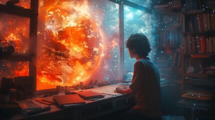 A student sits at a desk in a dimly lit room, studying a holographic art projection of a fiery Earth.