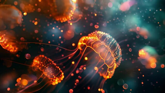 Luminous jellyfish pulsate with a warm glow their intricate patterns representing the complexity of cryptographic algorithms.