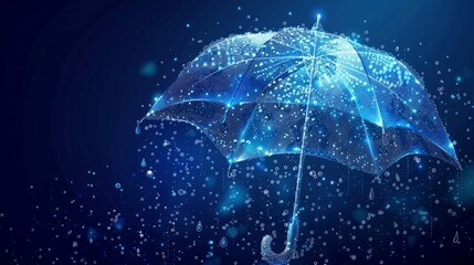 Glowing low polygonal umbrella and water drops are isolated on a dark blue background symbolizing waterproofing in a futuristic context depicted in a modern wireframe design vector
