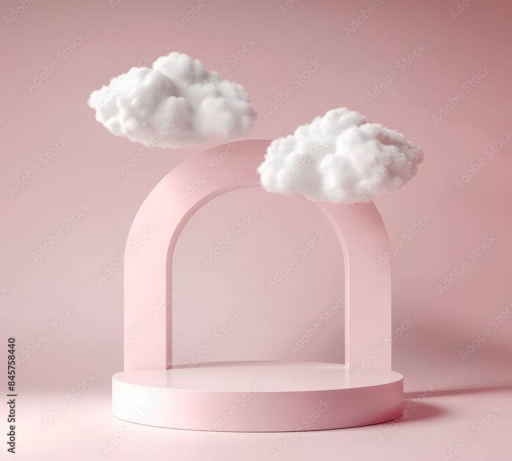 Poster minimalistic pink podium with floating white clouds in a surreal setting
