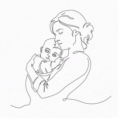 Mother and Baby Line Art Vector Illustration