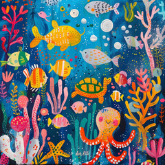 Une tortue nageant parmi des poissons tropicaux dans un r&eacute;cif de corail