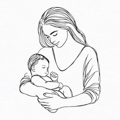 Mother Cradling Baby Line Art Vector Illustration