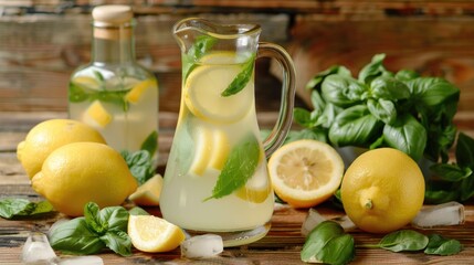 Refreshing Lemonade with Mint and Basil on a Wooden Surface