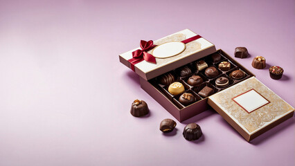 Elegant Background with Open Gift Box of Assorted Chocolates: Pralines, Truffles, Bonbons with Intricate Designs, Glossy Finishes, Luxurious Ribbon, Text Space, Generative AIes)