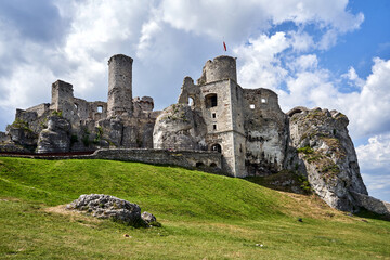 ruins of a medieval castle on a rocky hill in the town of Ogrodzieniec