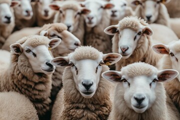 Fototapeta premium A flock of sheep, white with short wool and pink ears, looking at the camera in a picturesque springtime countryside landscape bathed in sunlight.