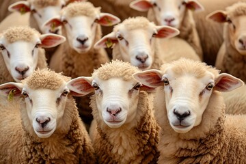 Fototapeta premium A flock of sheep, white with short wool and pink ears, looking at the camera in a picturesque springtime countryside landscape bathed in sunlight.