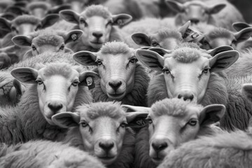 A flock of sheep, white with short wool and pink ears, looking at the camera in a picturesque springtime countryside landscape bathed in sunlight.