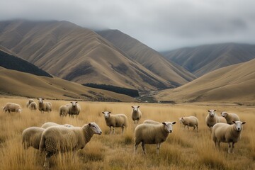 Obraz premium A flock of sheep, white with short wool and pink ears, looking at the camera in a picturesque springtime countryside landscape bathed in sunlight.