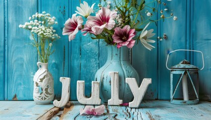 The word "july" originally made of white wooden letters with the inscription text july on light blue rustic background, vase with flowers Generative AI