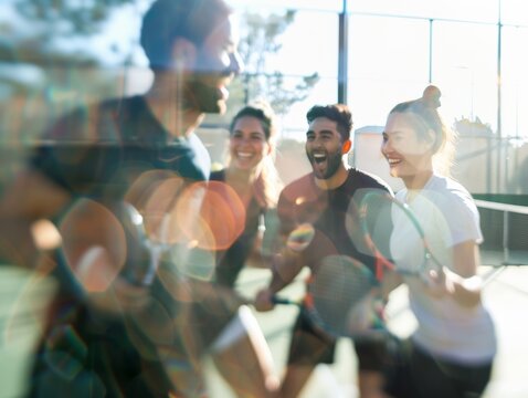 Diverse Friends Enjoying Padel Game on Outdoor Court at Sunset, Wearing Colorful Sportswear and Sharing Laughter