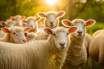 Fototapeta premium A flock of sheep, white with short wool and pink ears, looking at the camera in a picturesque springtime countryside landscape bathed in sunlight.