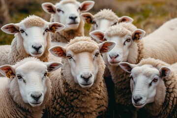 Obraz premium A flock of sheep, white with short wool and pink ears, looking at the camera in a picturesque springtime countryside landscape bathed in sunlight.