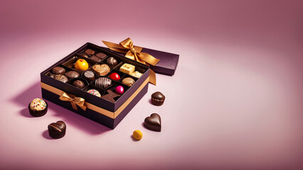Elegant Background with Open Gift Box of Assorted Chocolates: Pralines, Truffles, Bonbons with Intricate Designs, Glossy Finishes, Luxurious Ribbon, Text Space, Generative AIes)