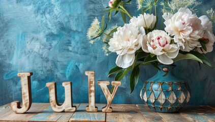 word "July" Departure shakes up the summer mood on wooden table with blue wall background and white peonies in vase, wooden letters spelling july Generative AI