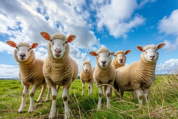 Fototapeta premium A flock of sheep, white with short wool and pink ears, looking at the camera in a picturesque springtime countryside landscape bathed in sunlight.