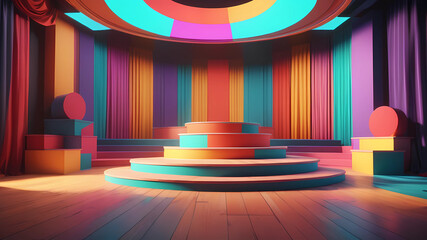 A colorful stage in a bright room with multiple stages to stand on, unreal engine render, 8k
