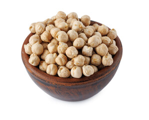 Clay bowl full of chickpeas isolated on white background.