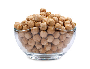 Glass bowl full of chickpeas isolated on white background.