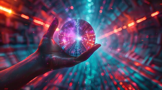 Futuristic scene with a hand holding a sphere at a crossroads, representing choice and selection, matrix illusion, vibrant pathways 8K , high-resolution, ultra HD,up32K HD