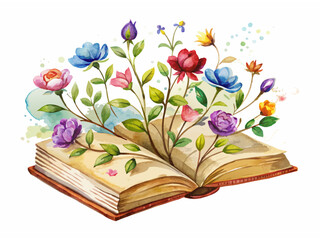 Vector watercolor painting of flowers growing from an old open book, hand-painted isolated on a white background.