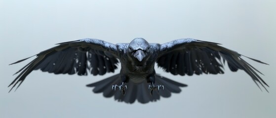 A crow, with outstretched paws, flies directly towards the camera, evoking a sense of wonder and curiosity